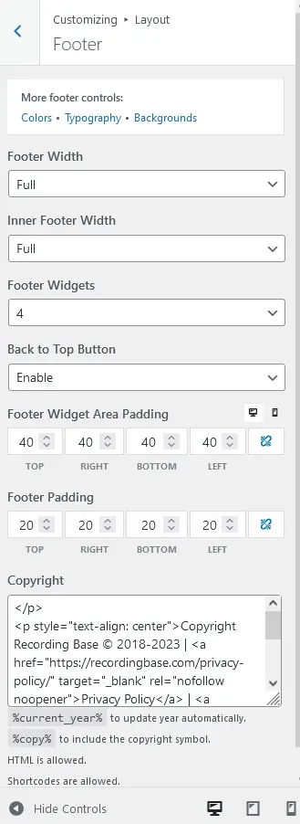Generatepress footer option