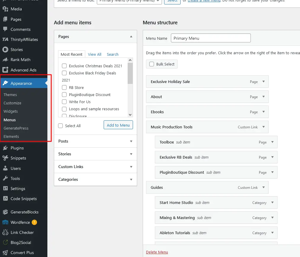 Menu option in wordpress